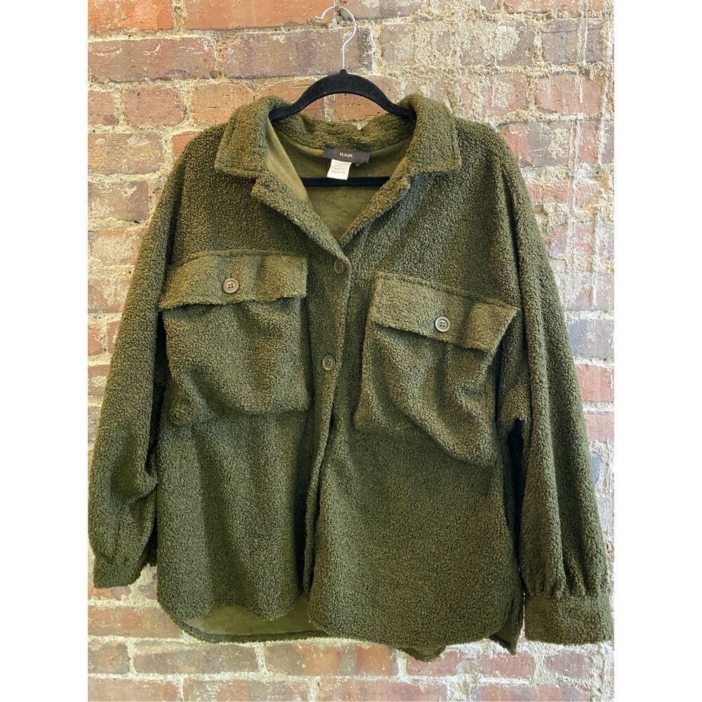 RAIN Teddy Utility Shacket Shirt Jacket in Dark Olive Green Women’s SZ L RN11550